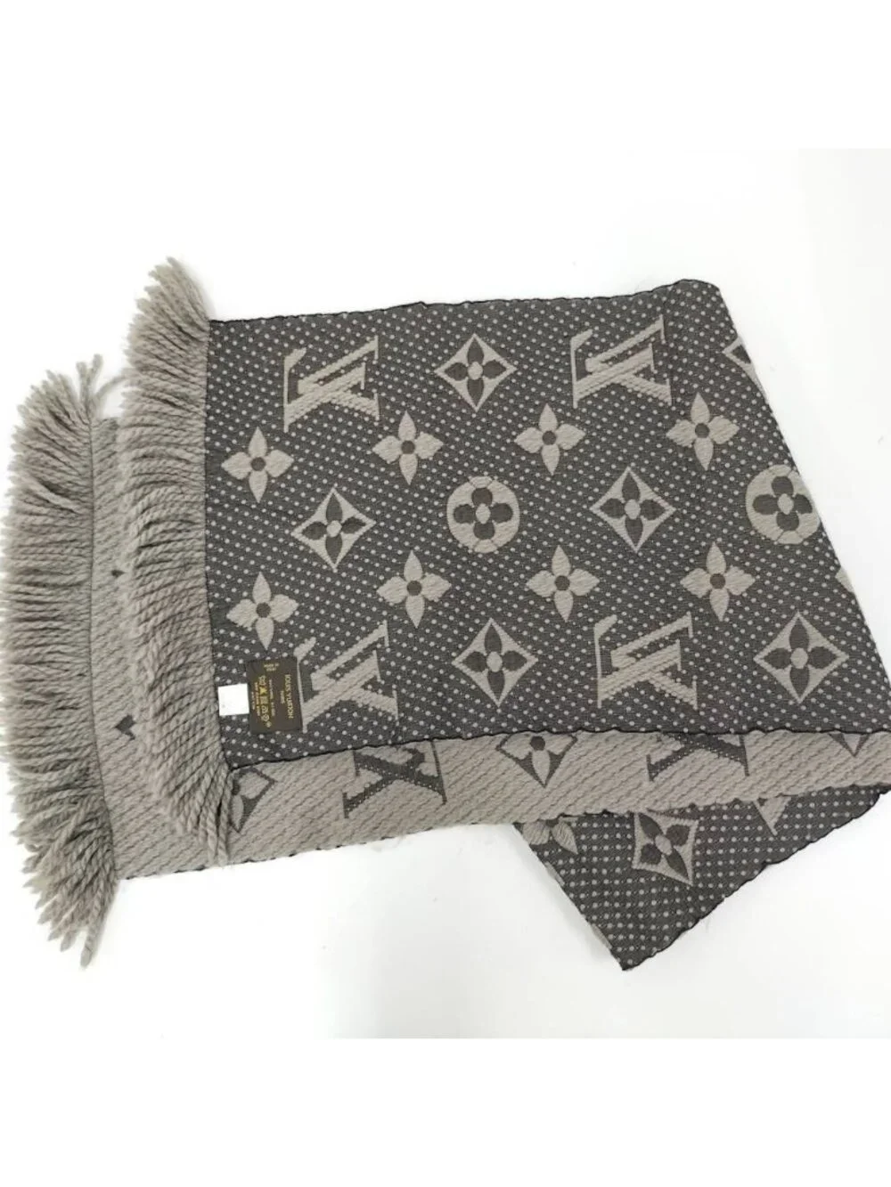 Louis Vuitton Scarf Escherve Logo Mania Wool Silk Light Gray